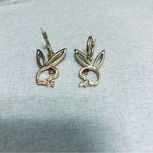 NWOT Y2K PLAYBOY GOLD BUNNY WITH RED STONE & CRYSTALS EARRINGS RARE